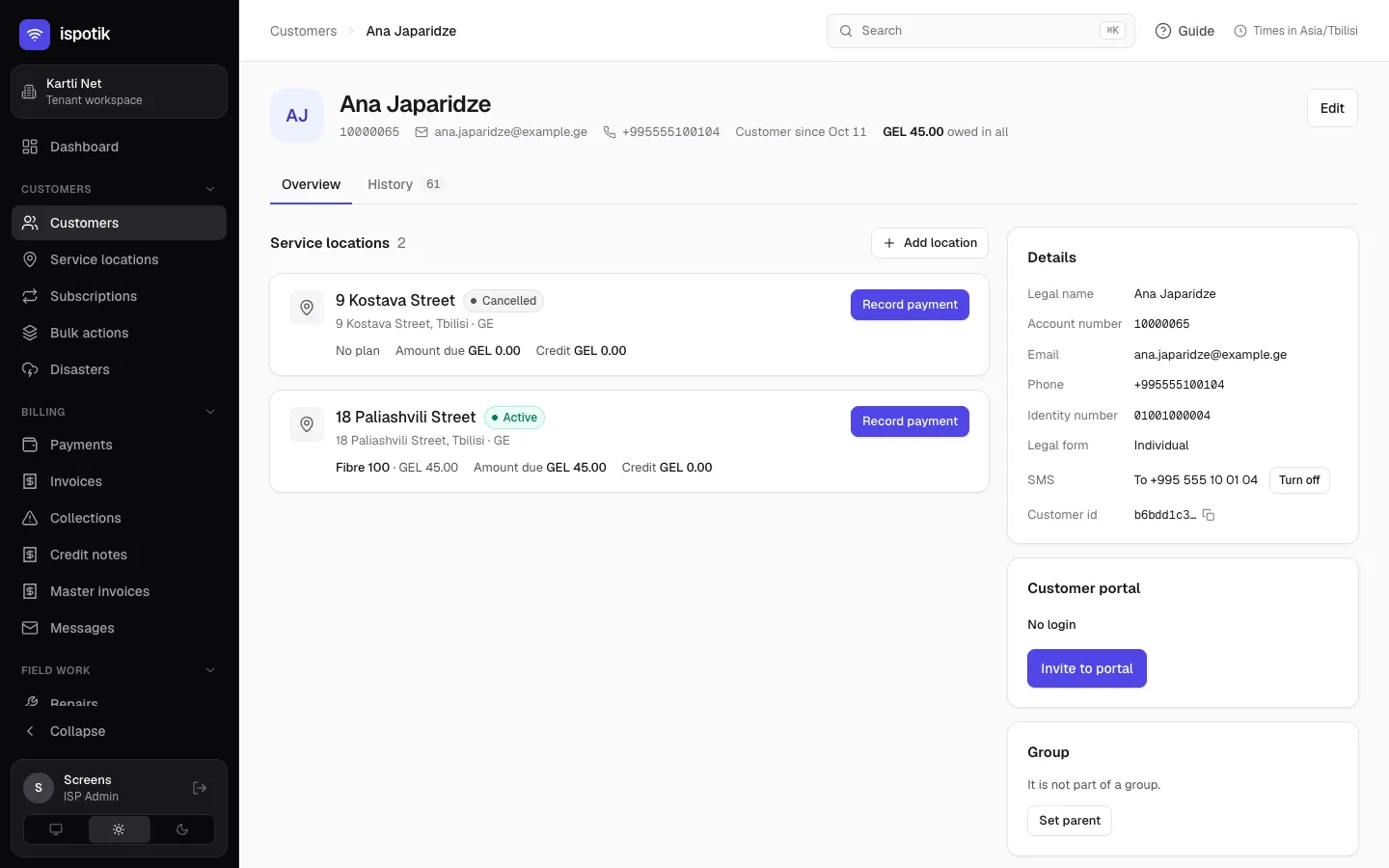 A customer's page in the console: their locations, plans, balance and invoices.